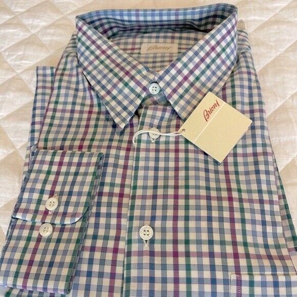 750$ BRIONI MENS Blue PURPLE SPORT SHIRT LONG SLEEVE Gingham Check 2XL ITALY - Picture 7 of 8